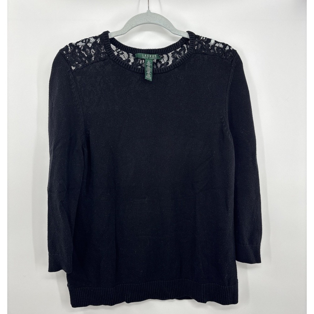 Lauren Ralph Lauren Womens‎ Black Lace Inset Ribbed Trim 3/4 Sleeve Sweater XL